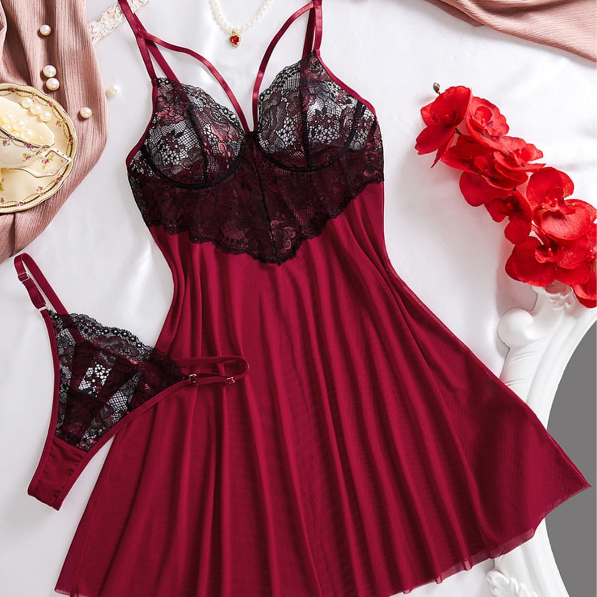 Cross-Border Bestseller Sexy Nightgown European and American Sexy Personality Flirty Sleepwear Lace Camisole Nightgown Set Women