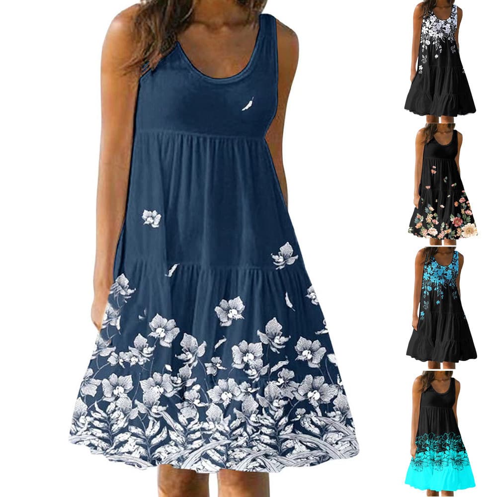 2023 Summer New Women's Printed Pleated Vest Dress for Amazon TEMU Independent Station Cross-Border Sales