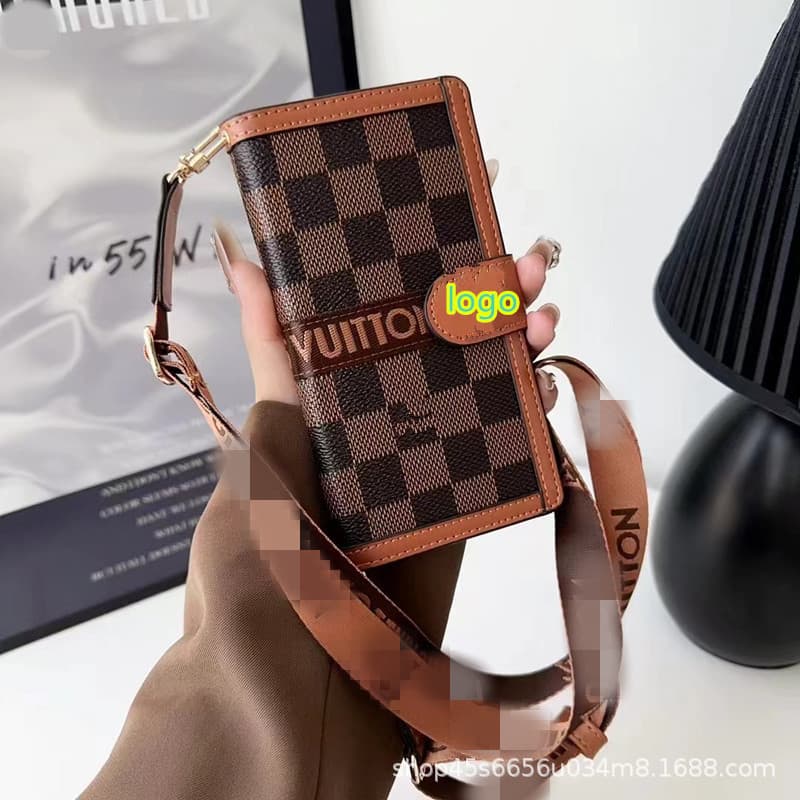 Premium L Brand Apple iPhone 16 Pro Max Flip Leather Case with Crossbody Lanyard 15/14/13/12 Full Coverage Soft Shockproof Case