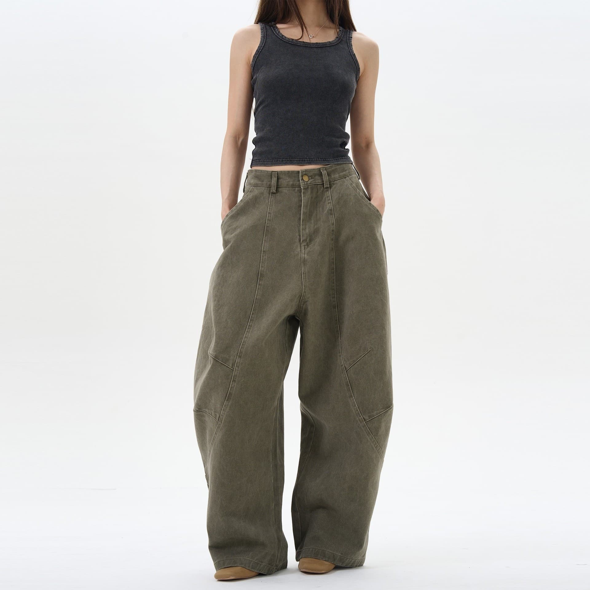 American retro green-brown loose scimitar pants for men and women, handsome, high-end workwear, casual and versatile couple pants, trendy