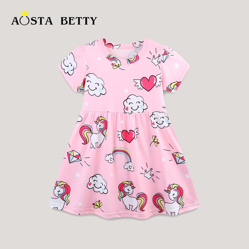 European and American Style Girls Dress 26 Summer Princess Dress Cartoon Print Round Neck Short Sleeve Children's Dress One Piece Dropshipping