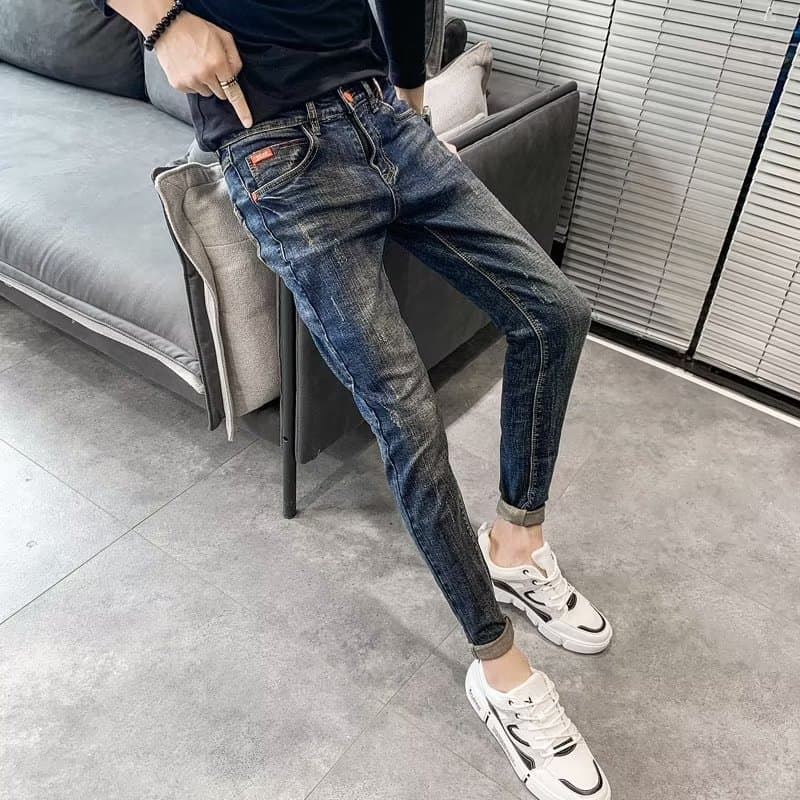 Men's Slim Fit Jeans Ins Trendy Brand Casual Stretch Korean Style Versatile Cropped Pants Trendy