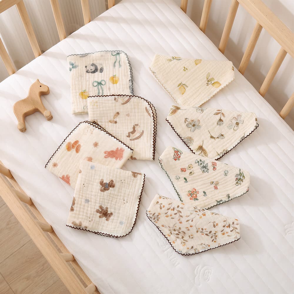 Printed Crescent Edged Gauze Square Towel Baby Crepe Cloth Drool Bib Pure Cotton Class A Children's Face and Hand Towel