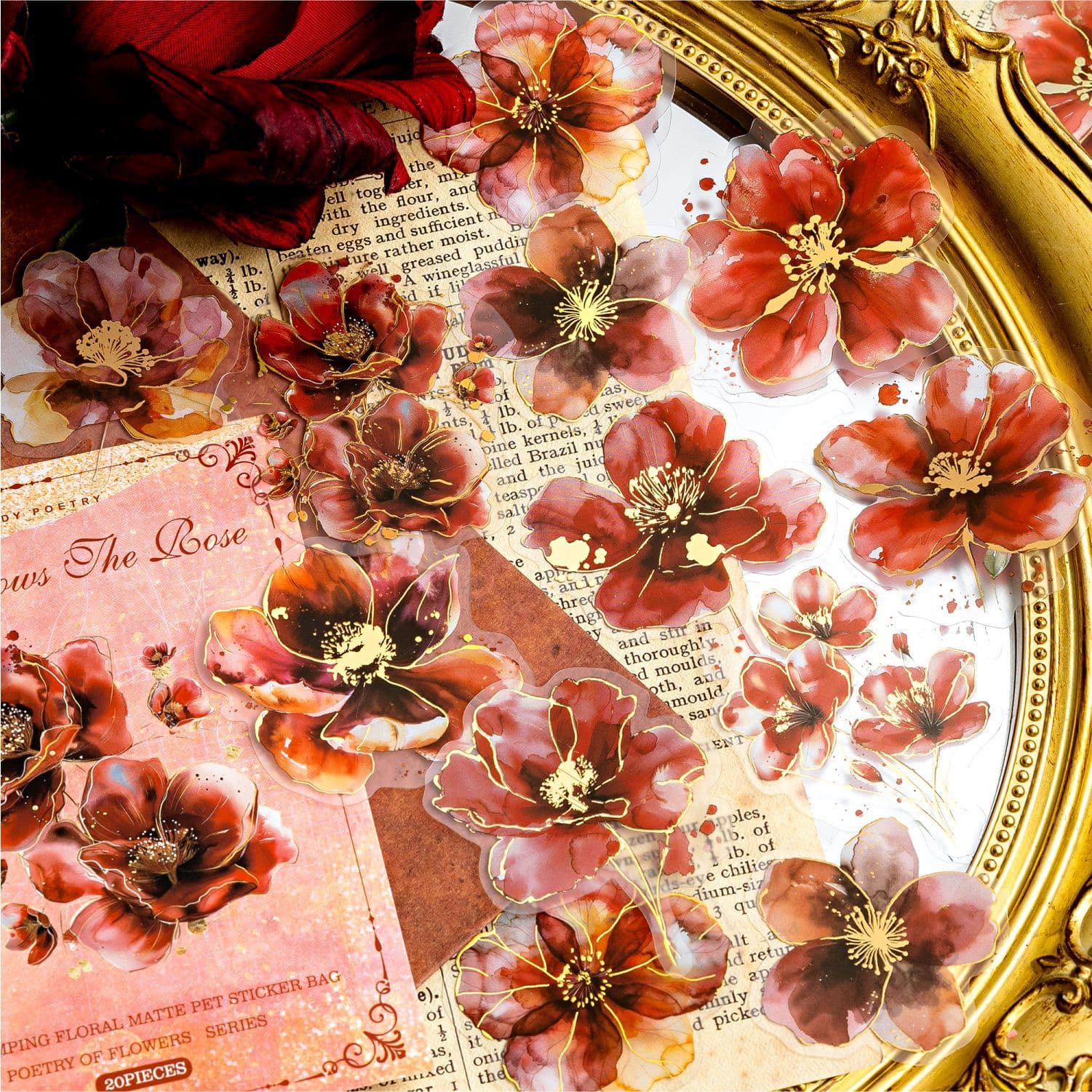 Sugar Poetry Gold Foil Floral Matte PET Sticker Pack - Blossom Poetry Series - Journal Decoration Collage Layering Stickers 6 Styles