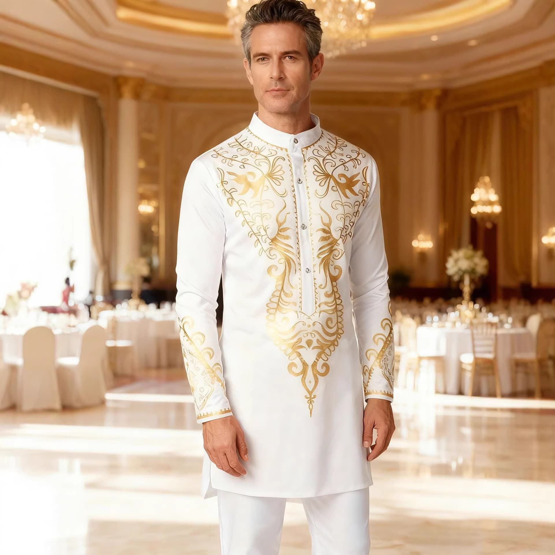 Cross-border men's white bronzing suit men's bronzing long-sleeved tops and trousers two-piece set