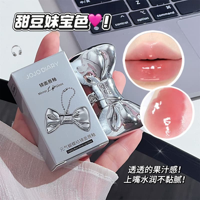 JOJO DIARY Bow Mirror Lip Gloss, Water-Gloss Glass Lips, Natural Flawless Look for Students, Brightening Lipstick