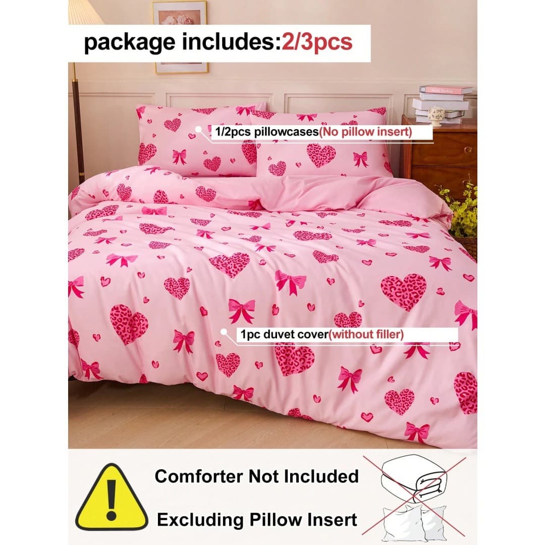 Cross-Border Trade Three-Piece Set Pink Heart Bow Pattern Duvet Cover Soft Bedding Factory Direct