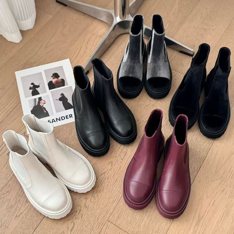 24 Fall/Winter New Thick Sole Short Boots Women Genuine Leather White Women's Boots Heightening Single Boots Simple Bare Boots Street Style Martin Boots