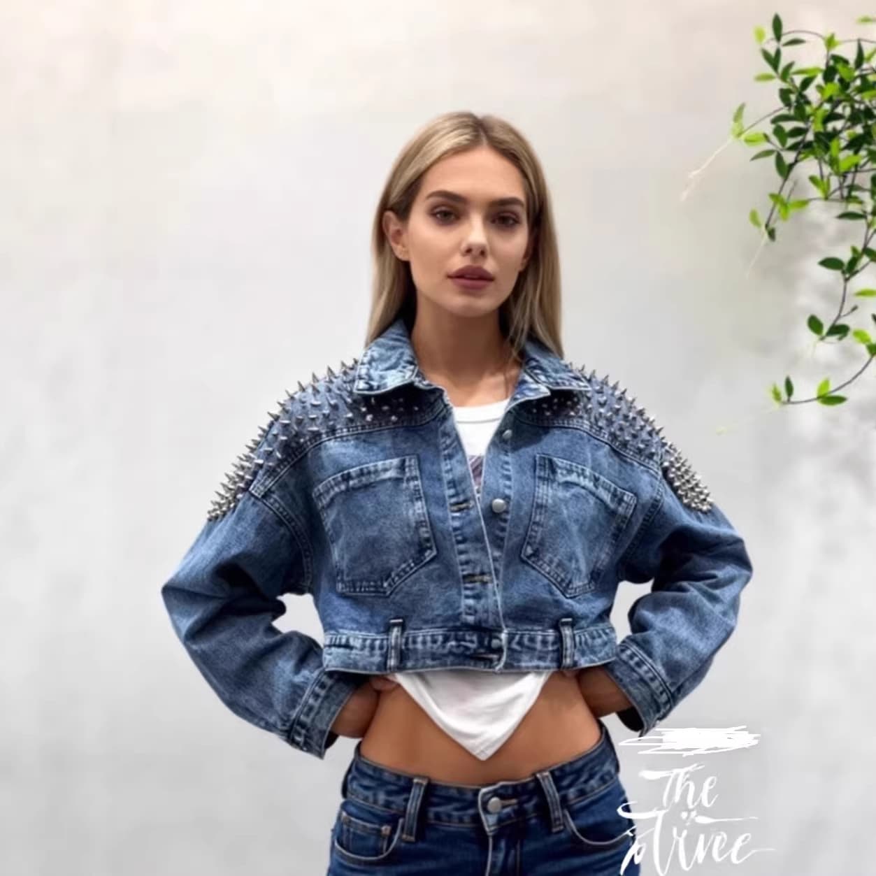 New Cross-Border Heavy-Duty Denim Jacket for Women, Spring and Autumn, with Studs, Stylish Turn-Down Collar, Short Style, Long-Sleeve Denim Coat