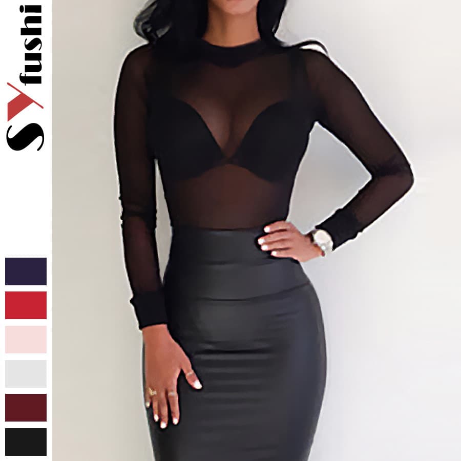Cross-Border Foreign Trade Universal Base Layer Women's Sexy Ultra-Thin Mesh High Elasticity Tight-Fit Long-Sleeve Half-Turtleneck Base Layer