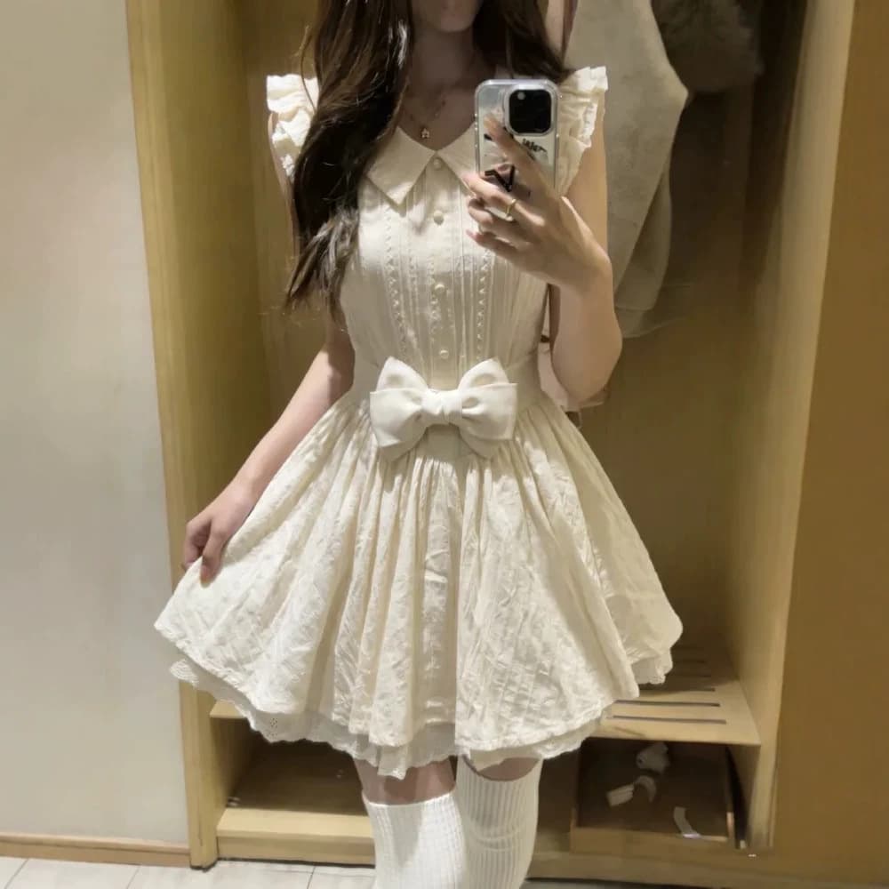 Apricot doll collar dress for women 2026 summer new style bow waist waist wide princess dress college style short skirt