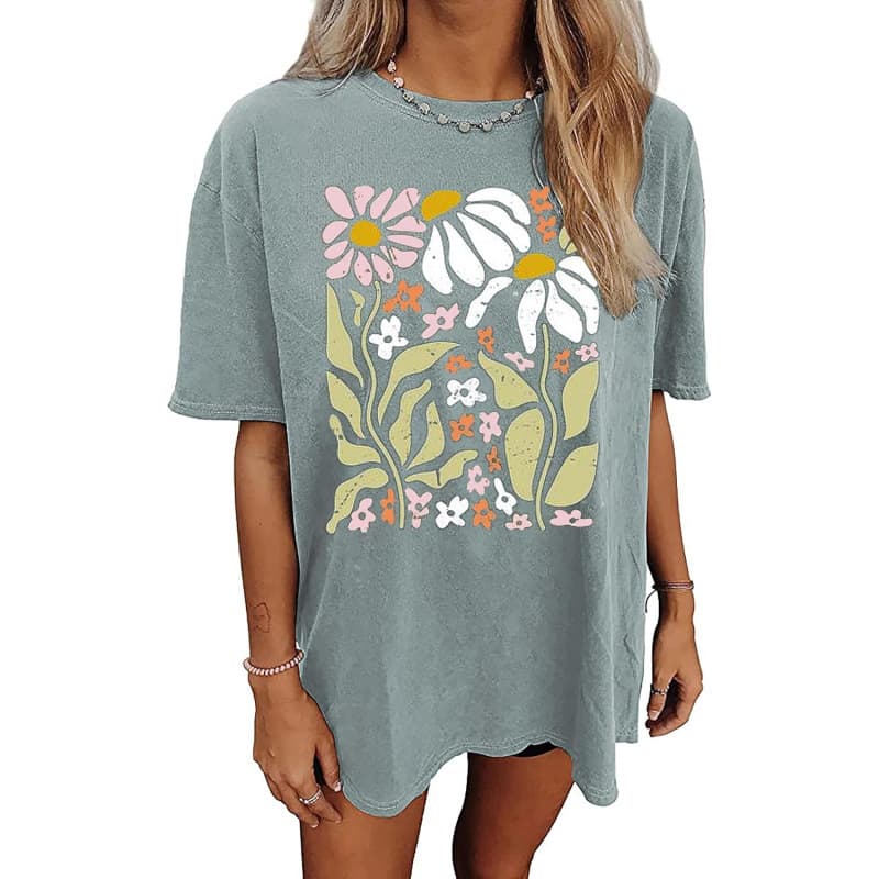 Ouma 100% Cotton Women's Oversized T-Shirt Flower Graphic Tees Nashville