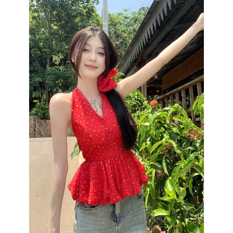 Korean Style Fashion Versatile Slimming Floral Halter Vest Sleeveless 2025 Summer New Trendy Sweet Edgy Top