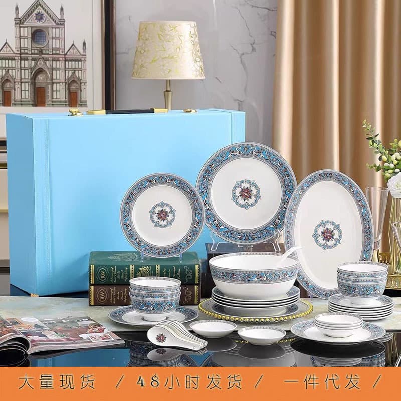 New European Bone China Rice Bowl Dinner Plate Spoon Large Soup Bowl Silk Road 36-Piece Dinnerware Set Gift Box Wholesale