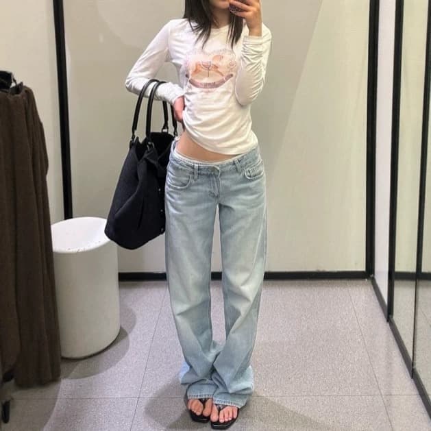 Small American washed light-colored straight jeans for women in summer, low-waisted slimming narrow wide-leg floor-length pants