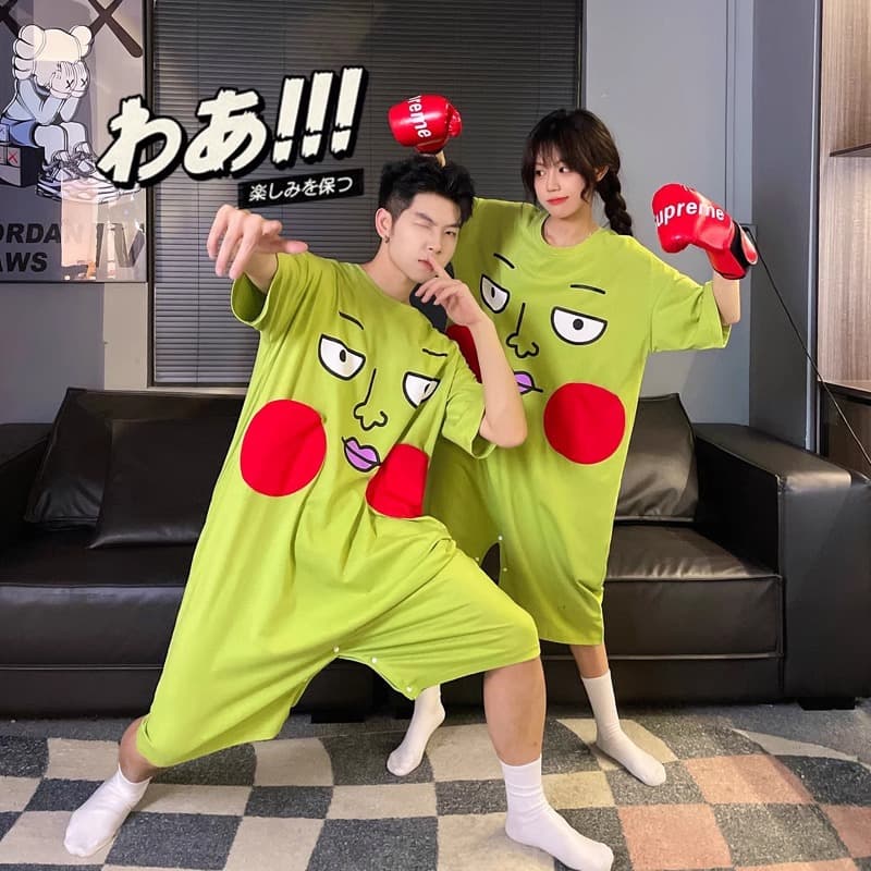 Dimples Onesie Pajamas for Women Summer Short Sleeve Cotton Cartoon Student Plus Size Funny Couple Nightgown for Men