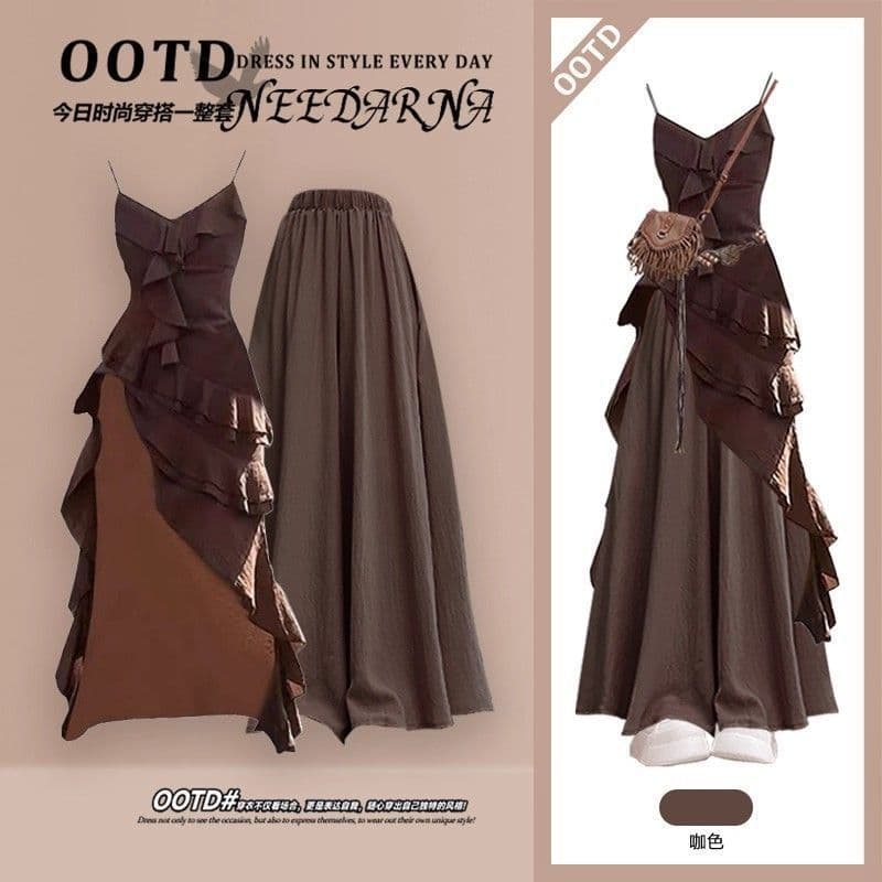 Fall Set for Women 2025 New Melad Strap Dress with Slimming Wasteland Style Skirt Pants Two-Piece Set