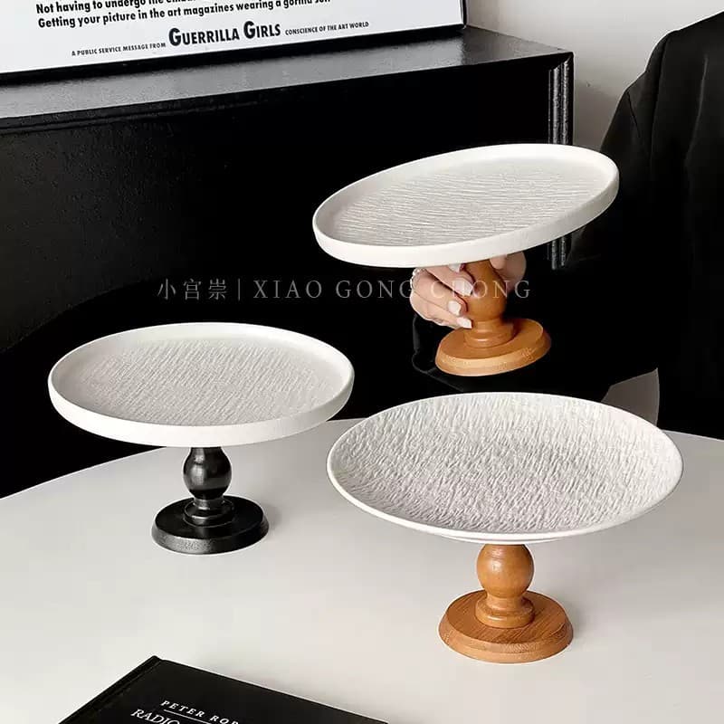 Minimalist Pedestal Fruit Bowl, Solid Wood Round Tray for Dried Fruits, Cake Stand, Dessert Plate, Light Luxury Decoration