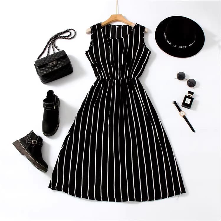 Midi Dress for Middle-aged and Elderly Women, Vertical Striped High-end Niche Design, Sleeveless Long Dress Inner Layer