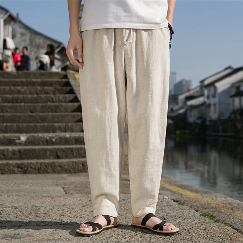 Vintage Hanfu Linen Casual Pants for Men, Spring and Summer Thin Style, Chinese Harem Pants, Loose Fit, Plus Size Wide Leg Long Pants