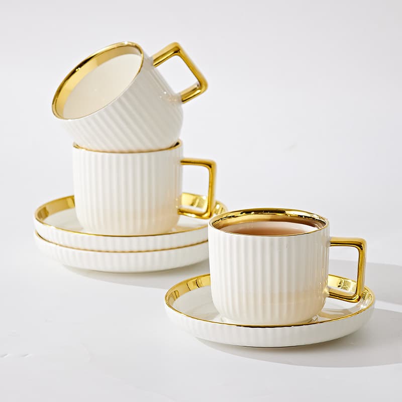 Export foreign trade ceramic household light luxury European style gold-rimmed coffee cup striped mug cross-border concentrated cup and saucer restaurant