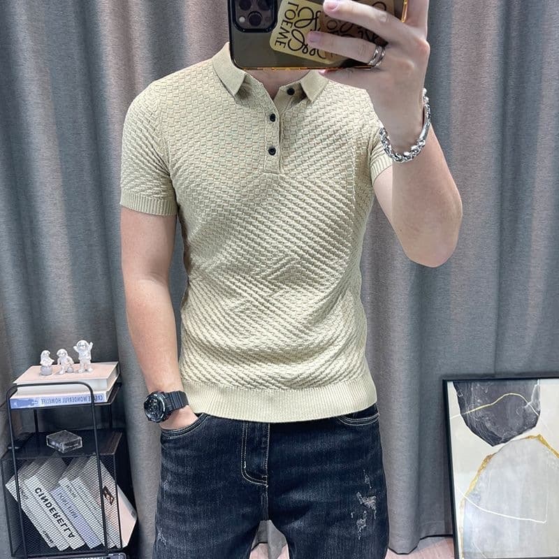 Men's New Spring/Fall Roll Neck Knit Sweater with Polo Collar, Short Sleeve, Stretch Fit, Slim Young Style, Long Length
