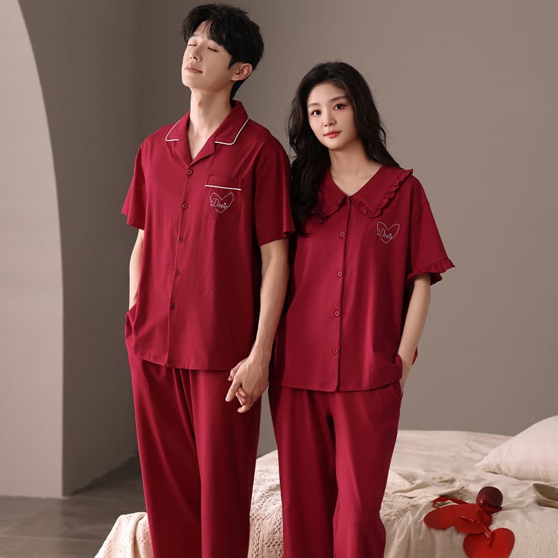 Red Couple Pajamas Cotton Short Sleeve Wedding Newlywed Summer Festive Home Wear Men and Women Set