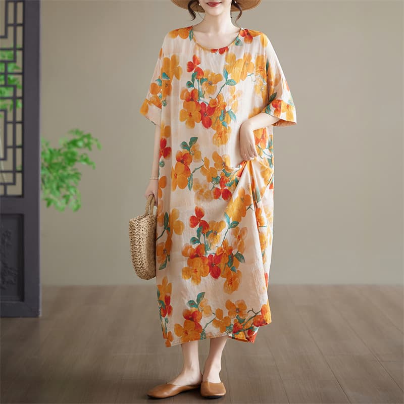 Actual Photo In Stock Summer Loose Plus Size Cotton Linen Print Round Neck Short Sleeve Knee-Length Dress for Plus Size Women Slimming Dress
