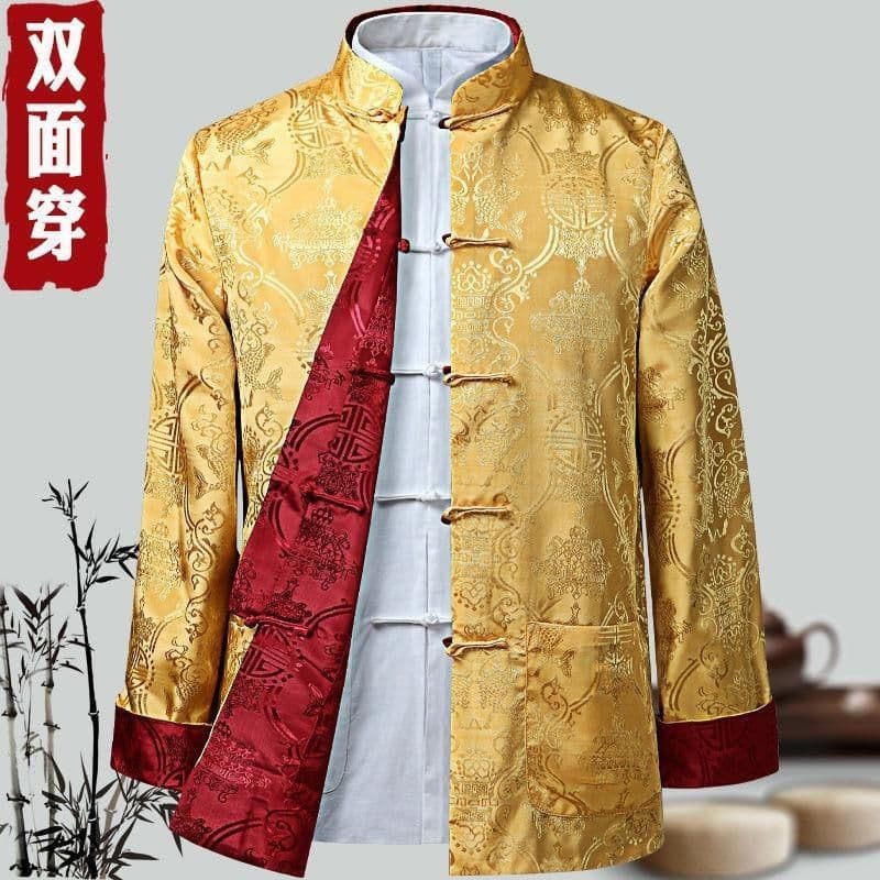 Men's Tang-style silk Chinese retro long-sleeved jacket, spring and autumn Chinese style reversible jacket, ethnic Hanfu men's