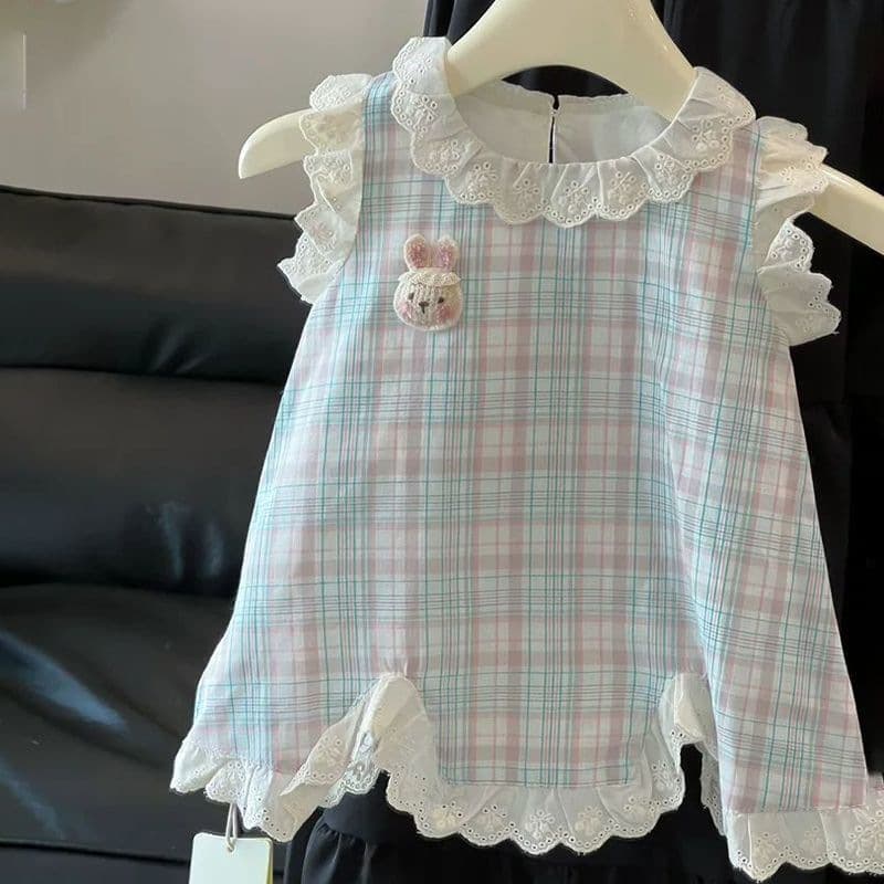 Girls Summer Dress Baby Infant Korean Style Plaid Lace Princess Vest Dress for 1-Year-Old Baby Girl