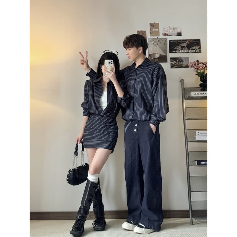 French Couple Style Autumn/Winter New Korean Elegant Long-Sleeve Striped Shirt Design Commuter Dress