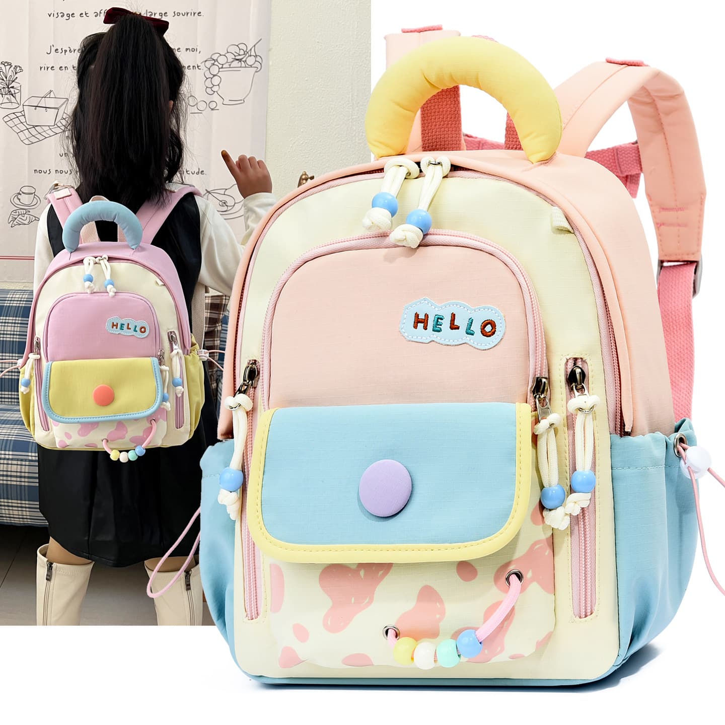 Cross-Border Contrast Color Kids Backpack, Cute Cartoon Kindergarten School Bag for Girls and Boys, Stylish Primary School Student Backpack