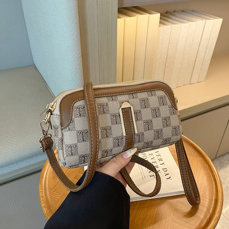 Korean Plaid Print Casual Versatile Bag, Cross-Border Foreign Trade Simple Fashion Single Shoulder Crossbody Small Square Bag in Khaki