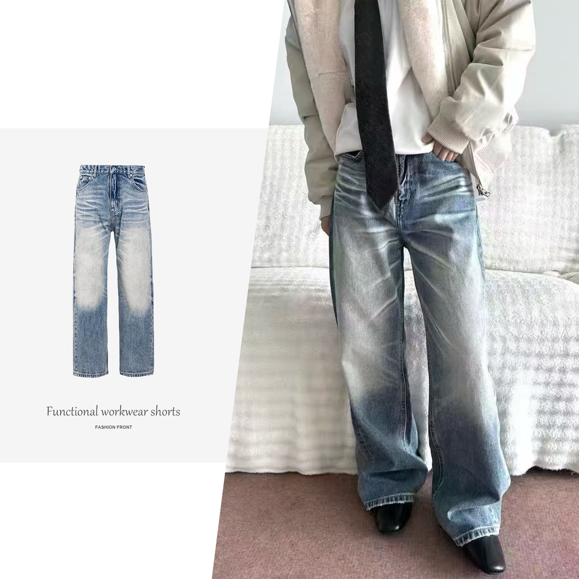 [JMWH] NewDecay X TBR02 Battle Bull King Snowflake Pattern Light Blue Washed Distressed Straight-Leg Jeans