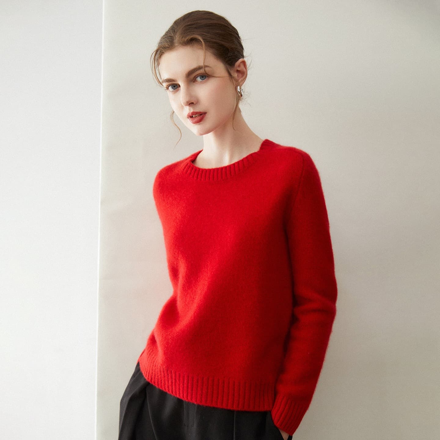 Cashmere Sweater for Women, 100% Pure Cashmere New Round Neck Solid Color Layering Undershirt, Knitted Warm Sweater, Colorful Dot Cream