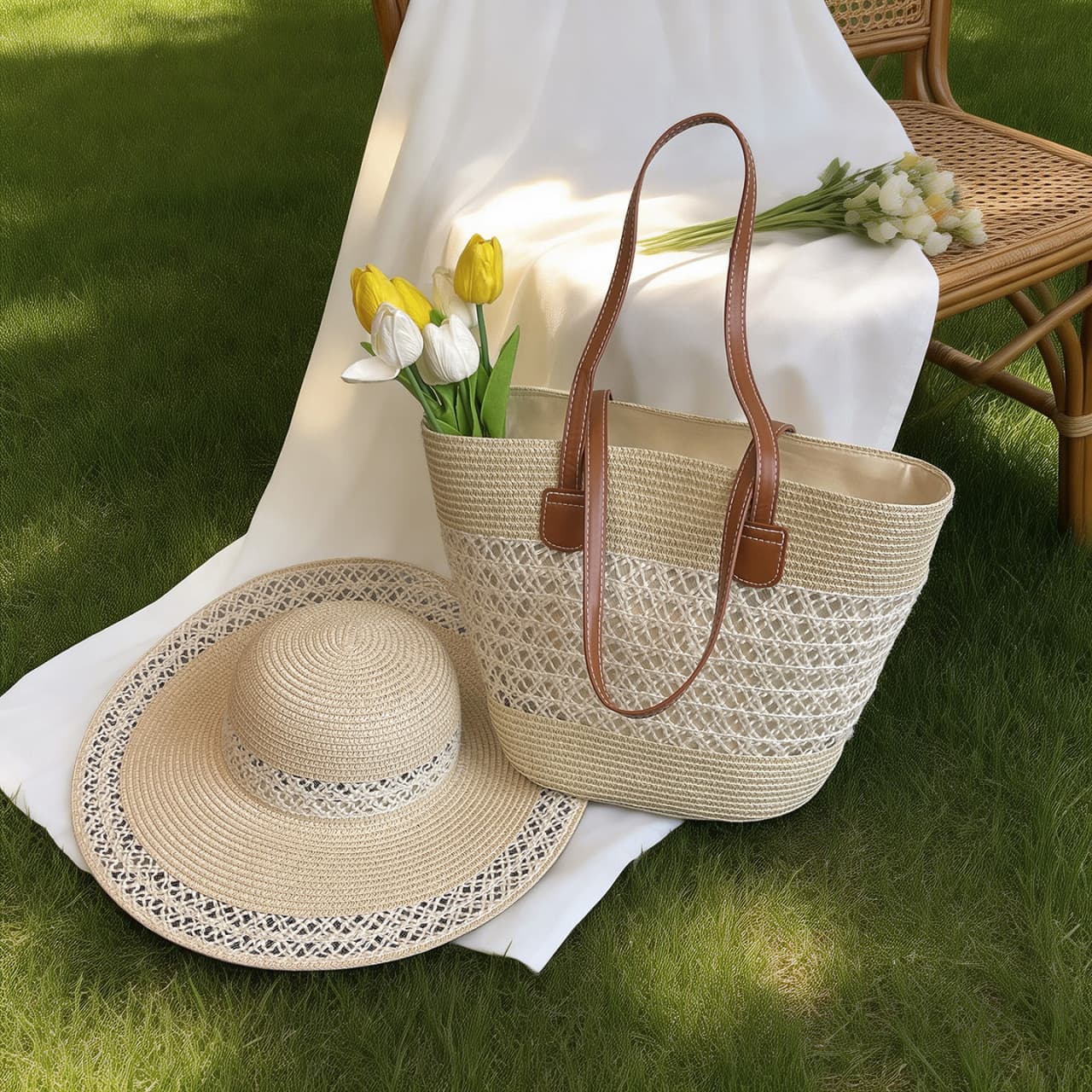 Cross-Border Straw Hat and Woven Bag Two-Piece Set, Large Capacity Beach Shoulder Tote Bag for Women