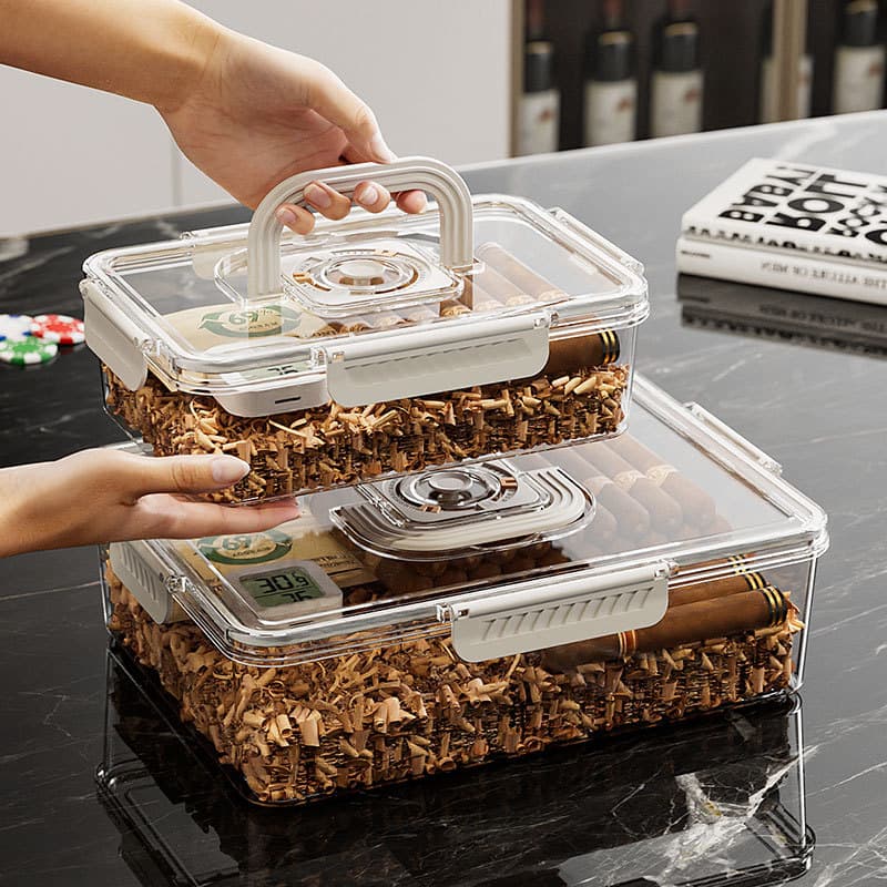 Transparent, large-capacity, multi-layered, portable cigar humidor, suitable for beginners, moisture-proof, temperature-controlled, and cedar-sealed.