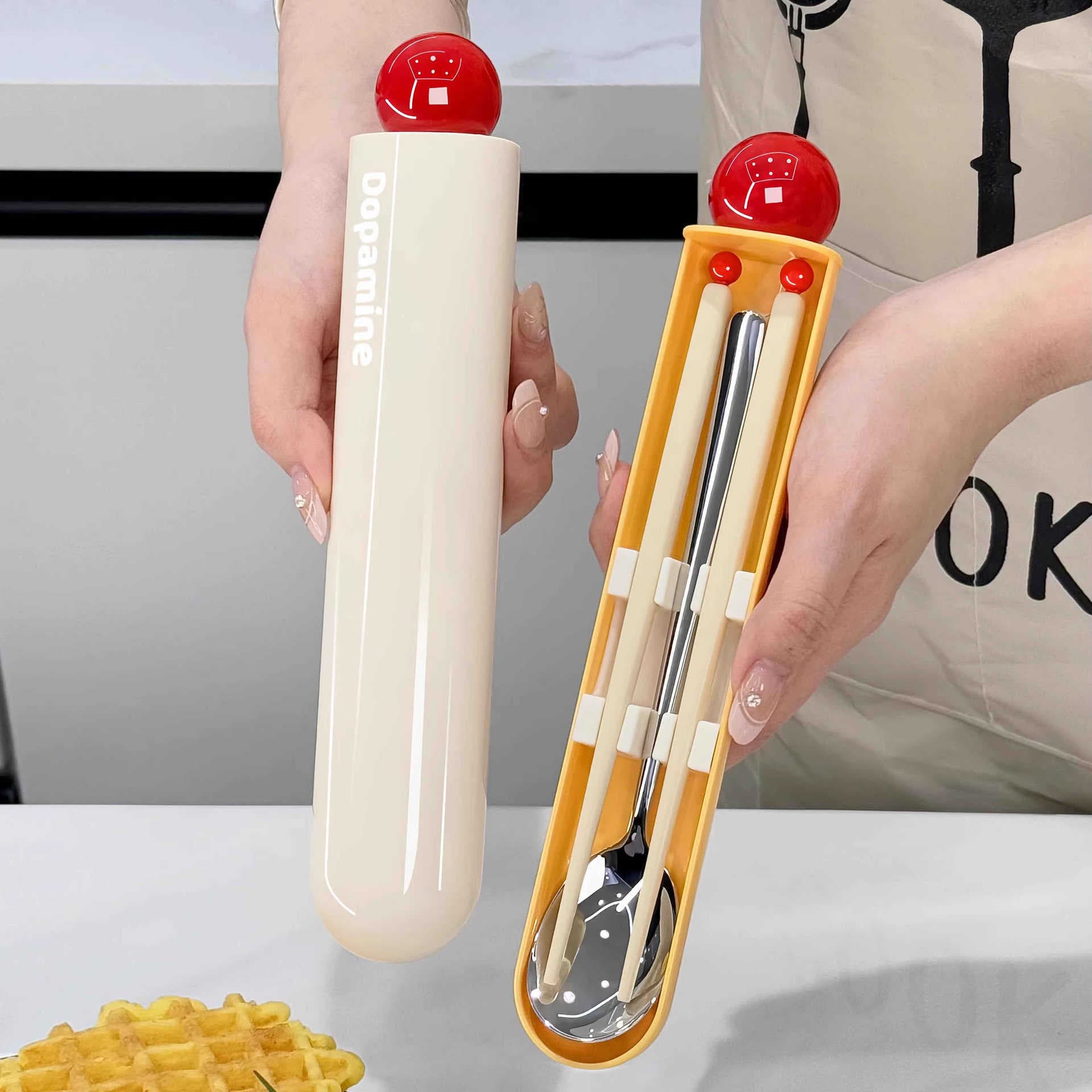 Dopamine Portable Cutlery Set with Chopsticks and Spoon, Cute Office Worker and Student Single-person Kit with Personal Storage Box