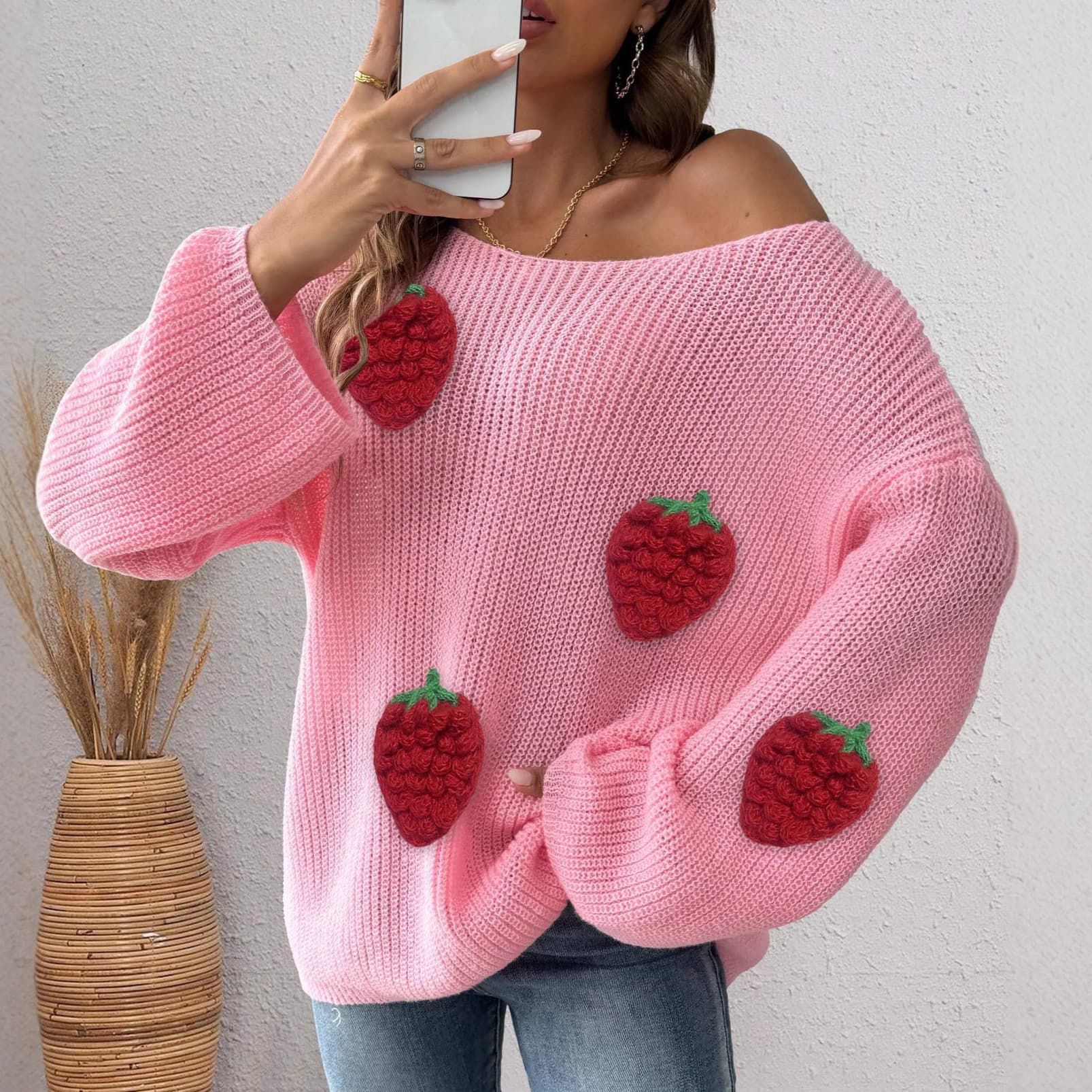 Women's Pullover Sweater Cross-Border European and American Fashion Strawberry 3D Patchwork Loose One-Shoulder Off-Shoulder Flared Sleeve Knitwear