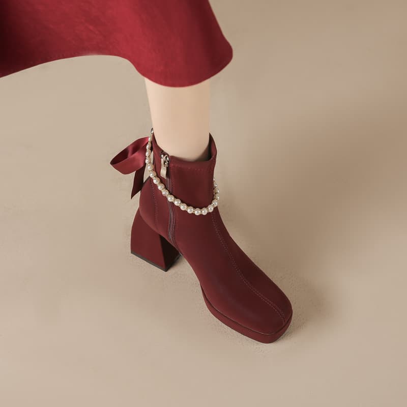 Jin Gang MY24810 Chunky Heel Square Toe Chelsea Boots 2024 New Autumn/Winter Wine Red Platform Ankle Boots Women