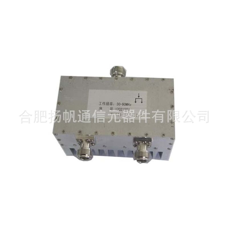 30-90MHz, 200W, 3.5dB insertion loss, low VSWR, dual-channel power divider, N/SMA female interface.