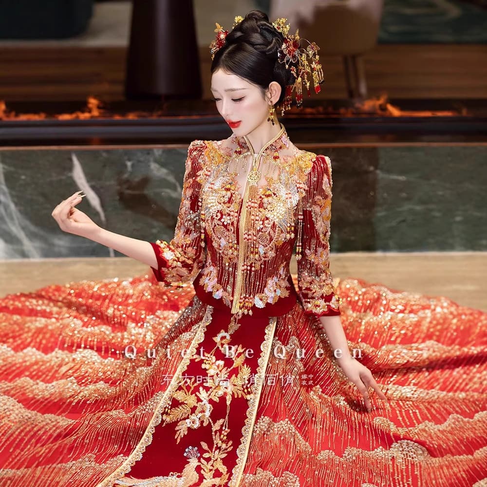 Summer Premium Xiuhe Suit 2026 New Style Bride Wedding Dress with Raised Shoulders, Phoenix Crown, and Heavy Embroidery Dragon and Phoenix Gown, Bridesmaid Toast Dress