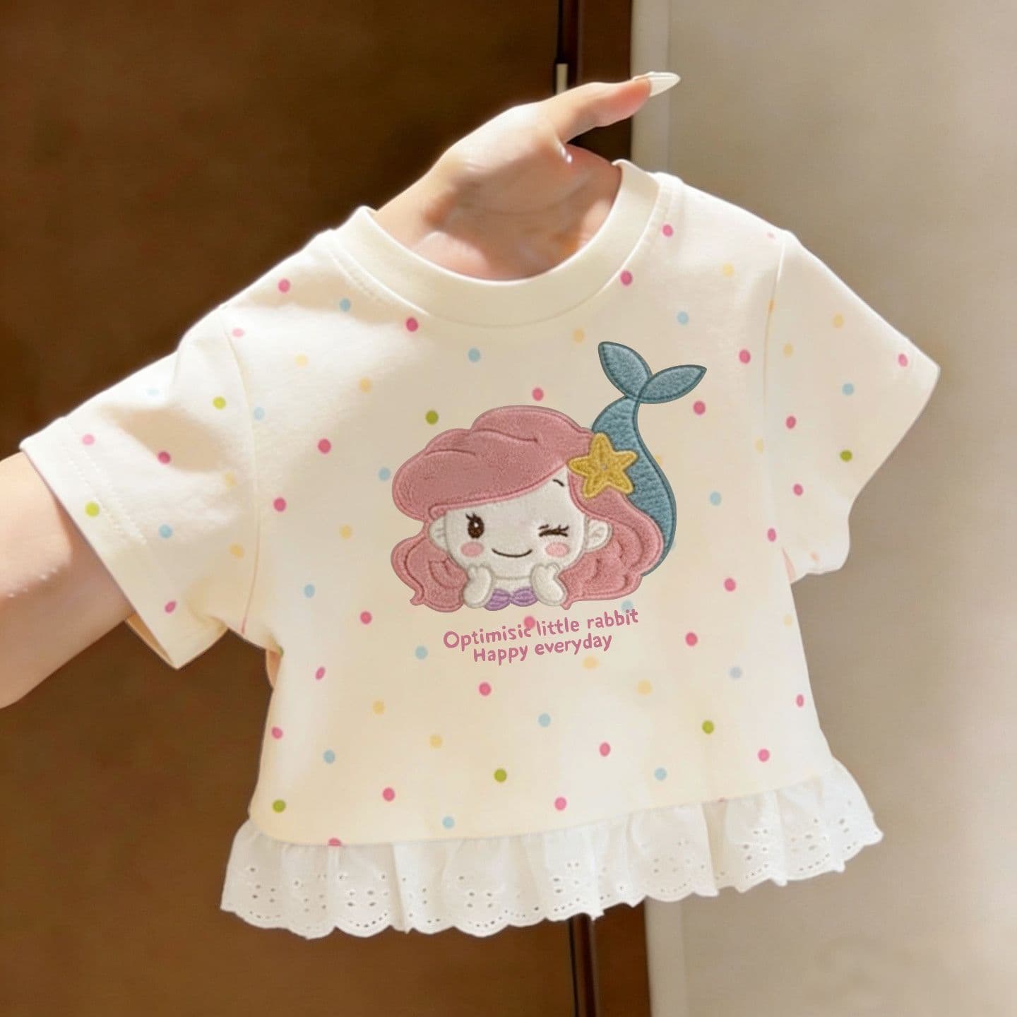 Girls short-sleeved T-shirt 2026 summer new cute girl baby mermaid princess polka dot short-sleeved shirt top 0