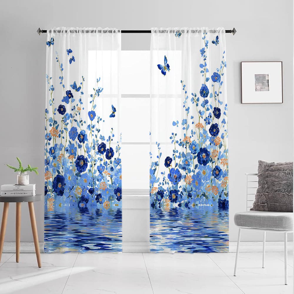 Zhejiang Shaoxing Direct Factory Supply, JIT Cross-border Special, Digital Print Processed Blue Butterfly Floral Design Sheer