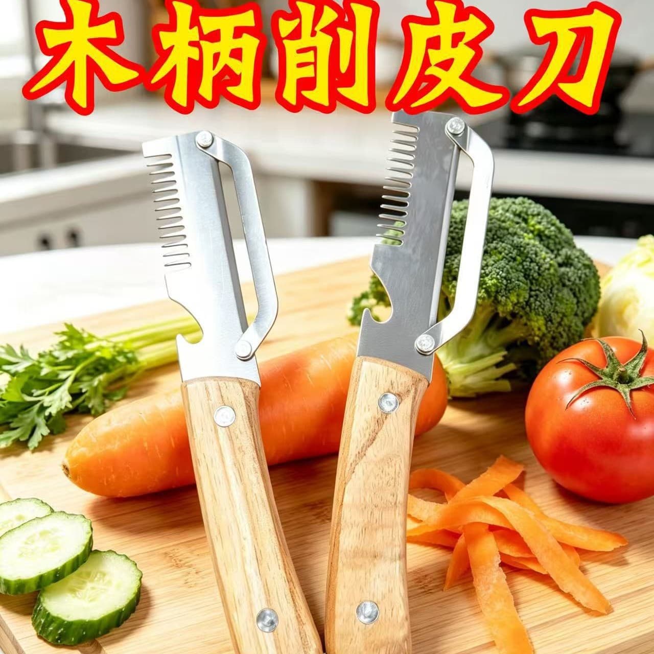 Cross-border Supply Wooden Handle Stainless Steel Peeler Multi-functional Fruit and Vegetable Peeler Shredder Kitchen Household Tool Wholesale
