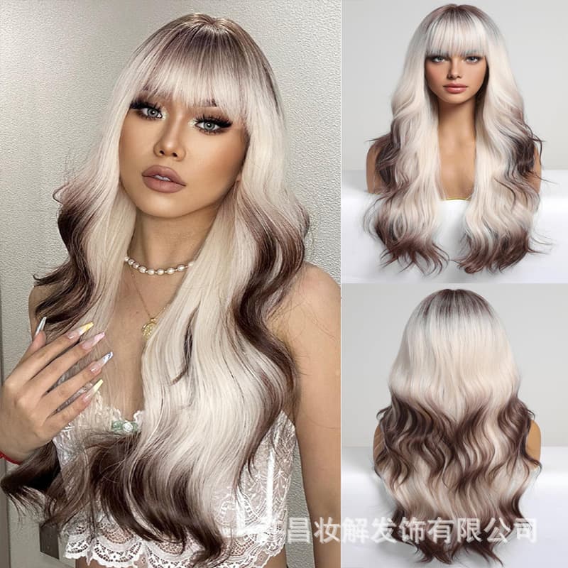 Cross-border Trade European and American Women's Gradient Blonde Brown Wig with Bangs Long Curly Hair