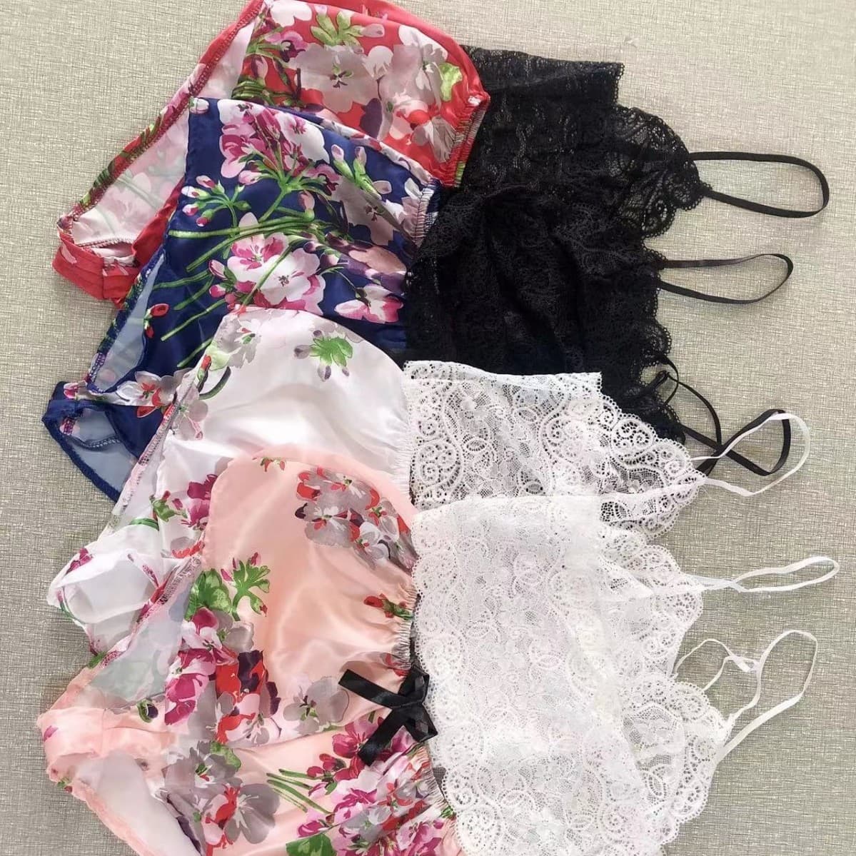 Women's Sexy European and American Plus Size Camisole Nightgown Lingerie Lace Sheer Two-Piece Set