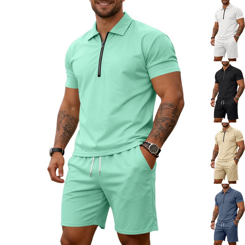 Cross-border Independent Station Summer Men's Loose Trendy Zipper Lapel Polo High Street Casual Short Sleeve Shorts Set