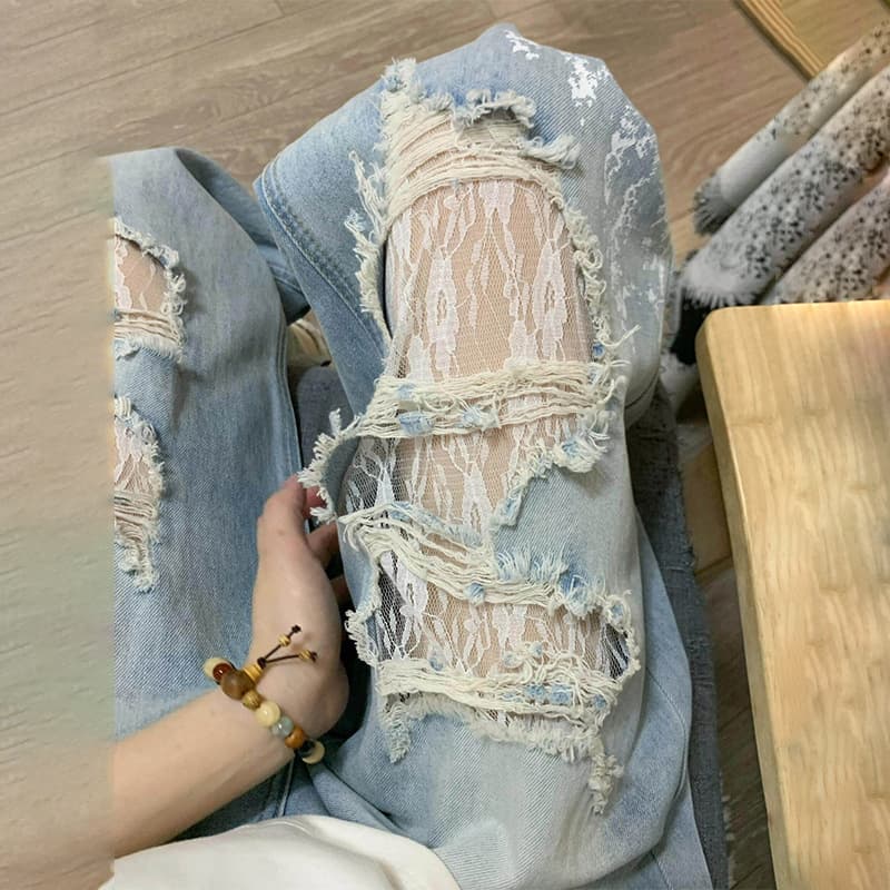 Design Lace Hole Jeans for Women Early Spring New Light Blue High Waist Loose Slimming Flared Trousers