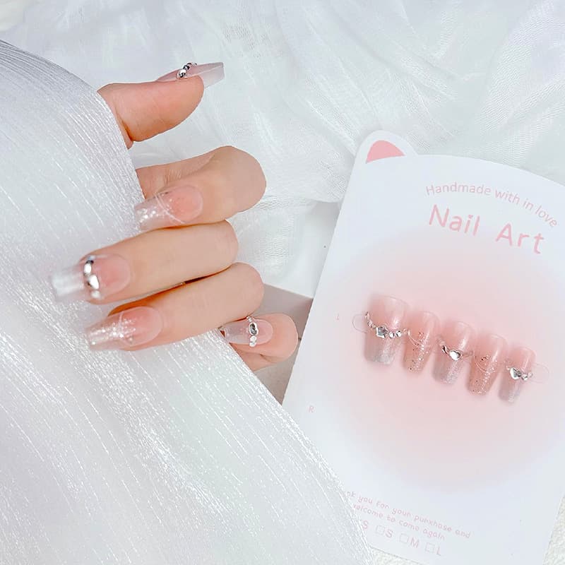 Premium Transparent Glitter Press-On Nails Heart Rhinestone Nail Tips High-End Handmade Wearable Nail Tips